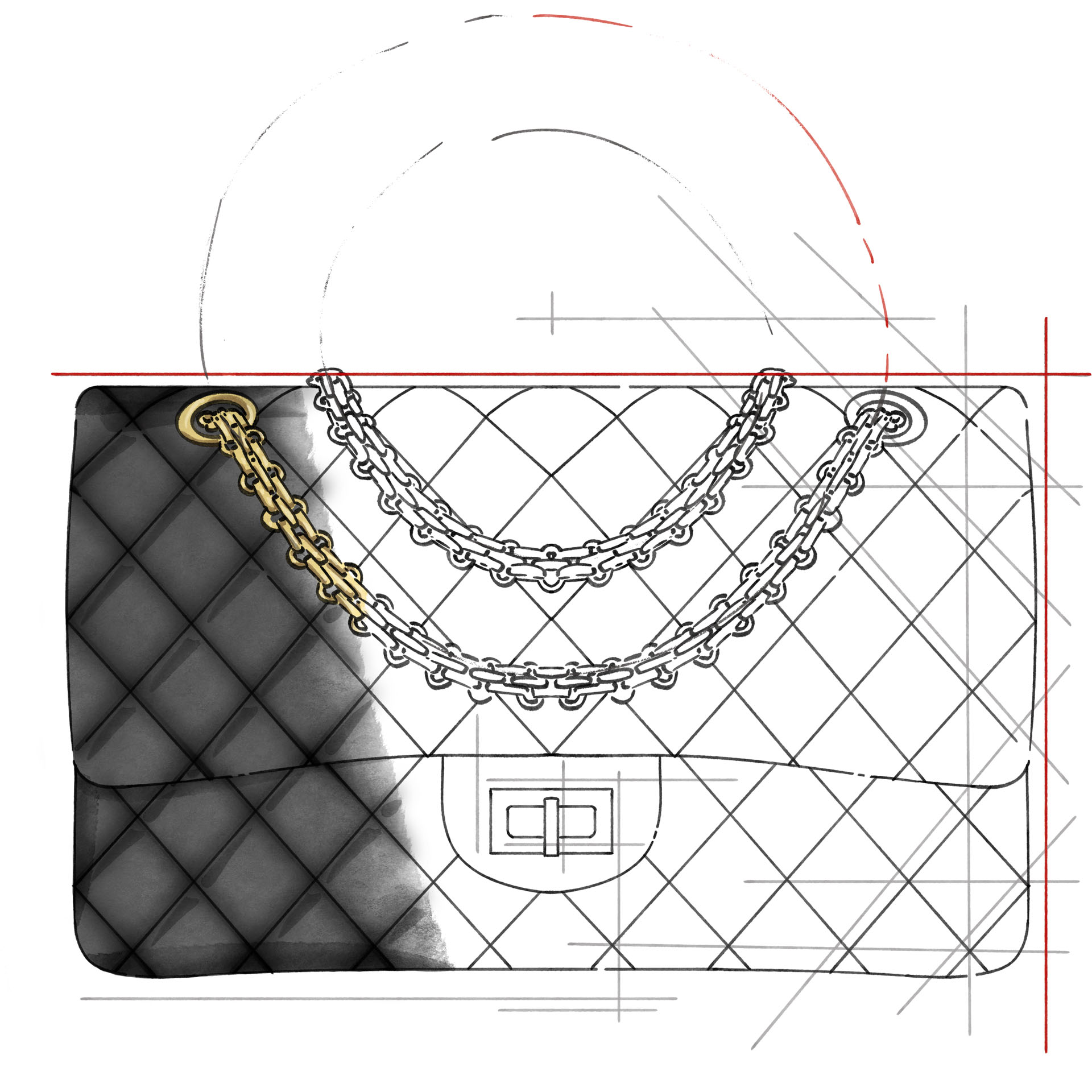 Bolso 2.55, Gabrille Chanel (1955). Ilustración: Ana Fernández